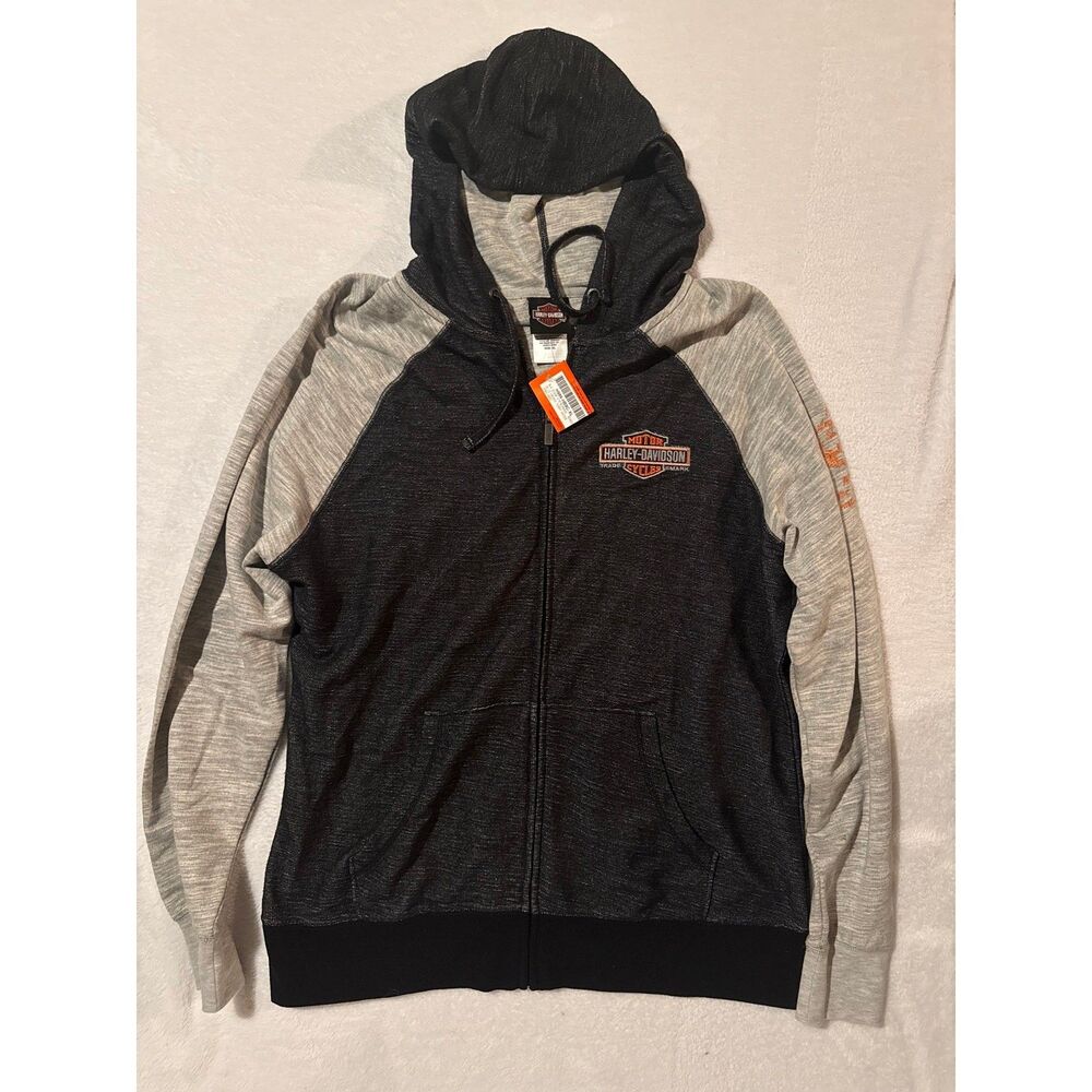 Harley-Davidson Women's XL Hoodie NWT Black Grey Colorblock Full Zip Raglan